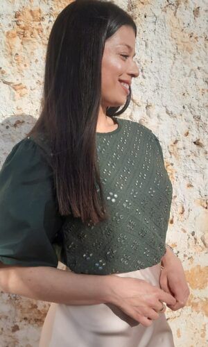Blusa de vestir manga bullón.Comprar blusa verde vestir.Gabalda