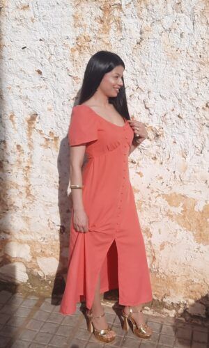 Vestido midi coral. Comprar vestido midi coral de vestir.Gabalda17